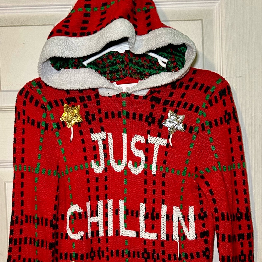 Just Chillin Ugly Christmas Sweater Long Hooded Soft Red Size M Snowman Sequin